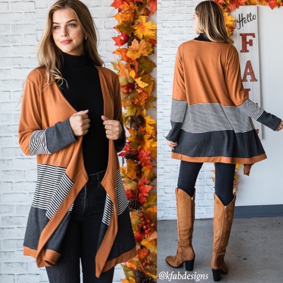 B41W🤎🖤New! Gorgeous tobacco+ black open front cardigan w/black+gray accents! - Picture 5 of 8